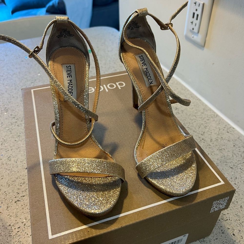 Steve Madden strappy gold shimmery heels - worn